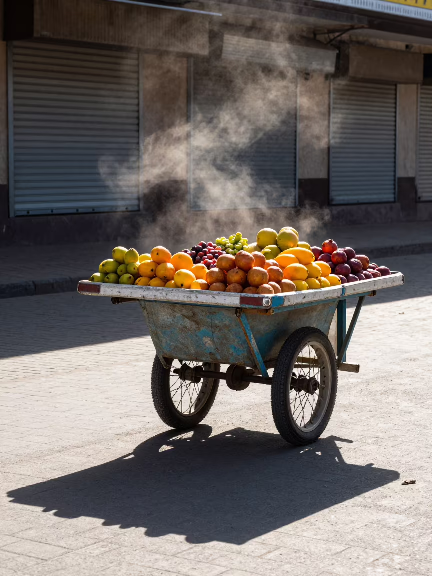Overpass Shadow Cast on Shymkent Vendor Cart in along a shuttered arcade in Shymkent