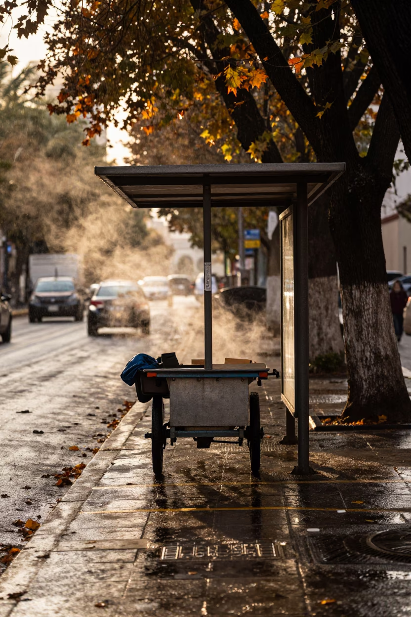 Overpass Shadow on Sidewalk Cart in Autumn Rain in beside a steamed-up bus shelter in Santiago de Querétaro