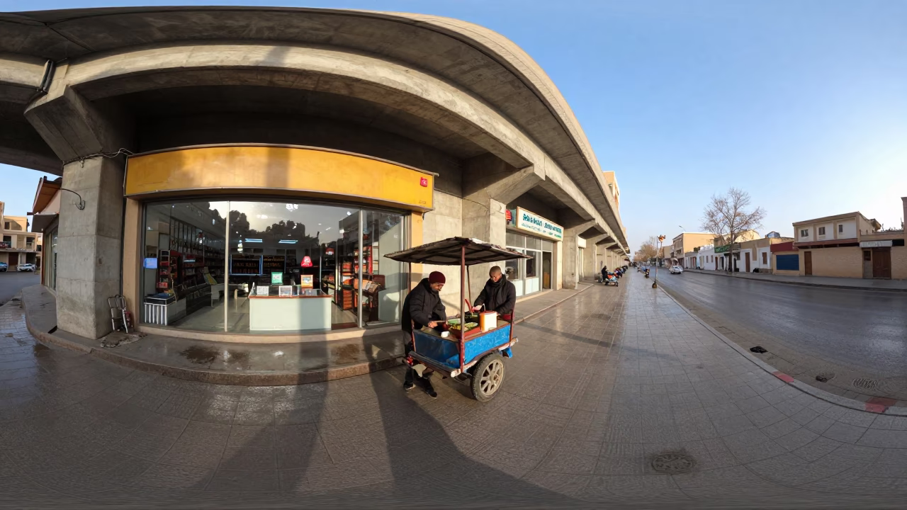 Overpass Shadow on Yazd Street Vendor Cart in outside a corner cafe in Yazd