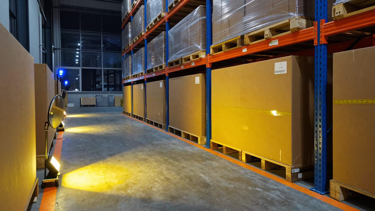 Oversize Parcel Lane Night Warehouse Suzhou in inside a warehouse aisle near Suzhou