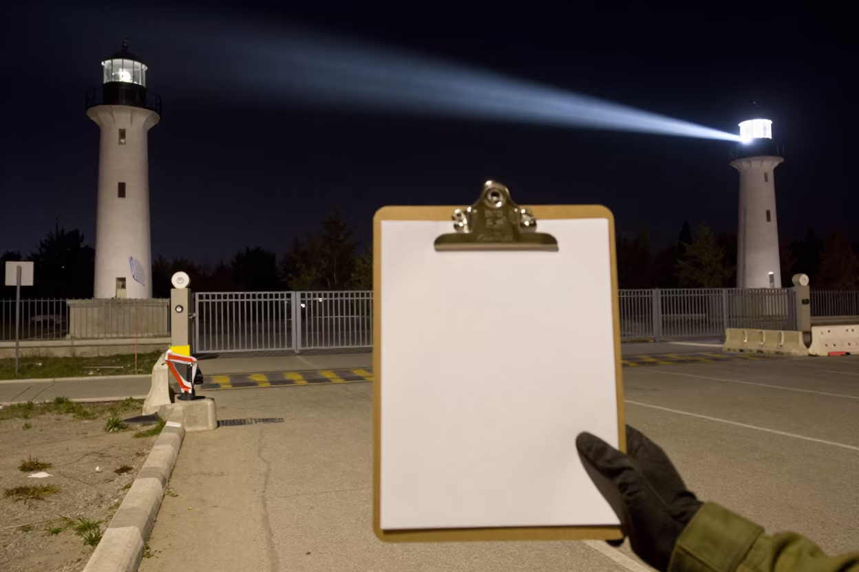 Oversized Clipboard at Almaty Night Checkpoint in at a checkpoint lane near Almaty