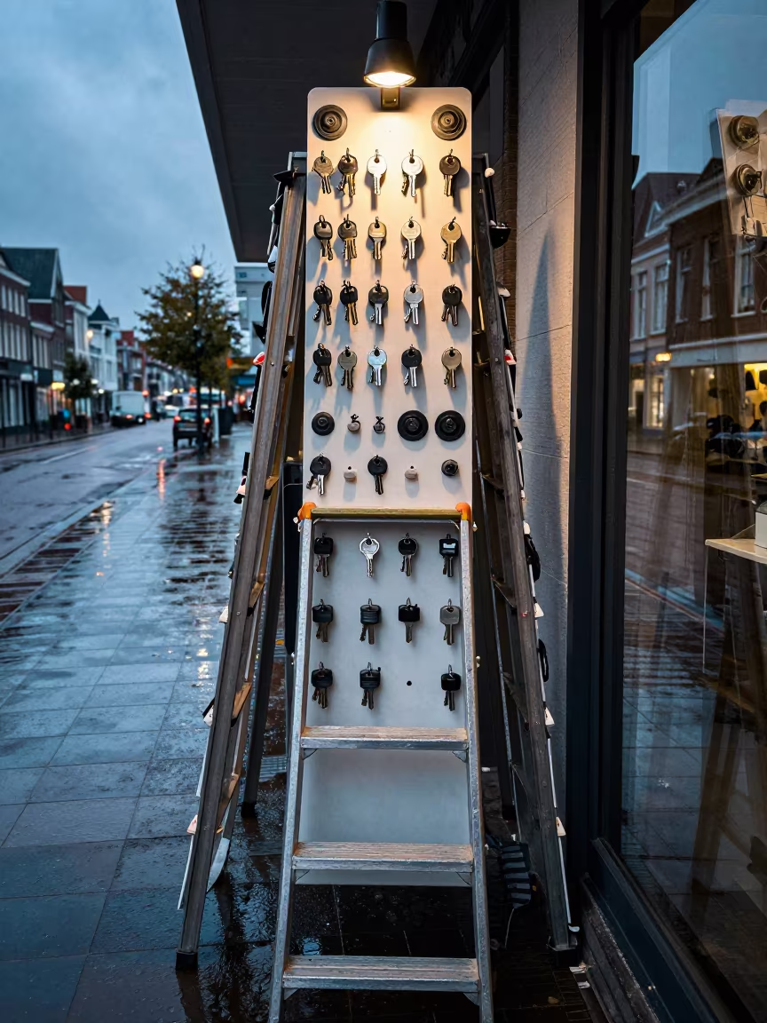 Overstock Ladder Tag Board in Dordrecht Shop Window in outside a shop window after rain in Dordrecht