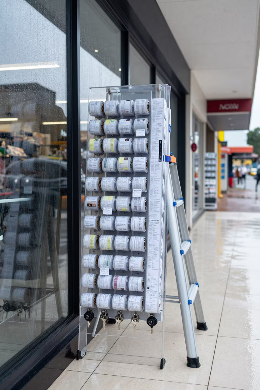 Overstock Ladder Tag Board Retail Display After Rain in outside a lit retail frontage after dark in Pietermaritzburg