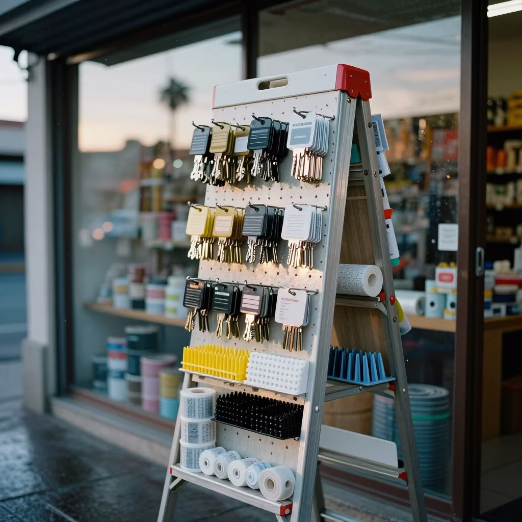Overstock Ladder Tag Board Storefront Quevedo in along a storefront glass line on a wet street in Quevedo