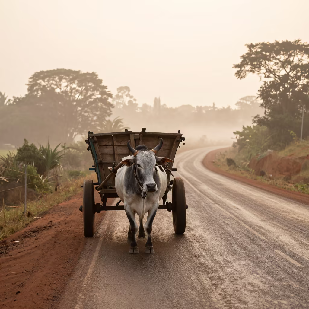 Ox Cart on Dawn Switchback Kampala Road in along a switchback approach near Kampala