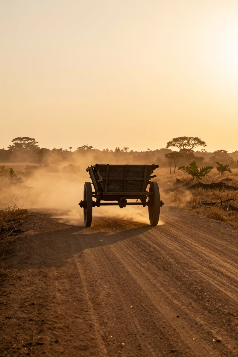 Ox Cart on Dusty Causeway at Sunset in on a wind-open causeway near Kenema