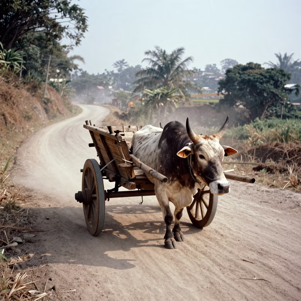 Ox Cart on Dusty Road Near Quezon City in along a switchback approach near Quezon City