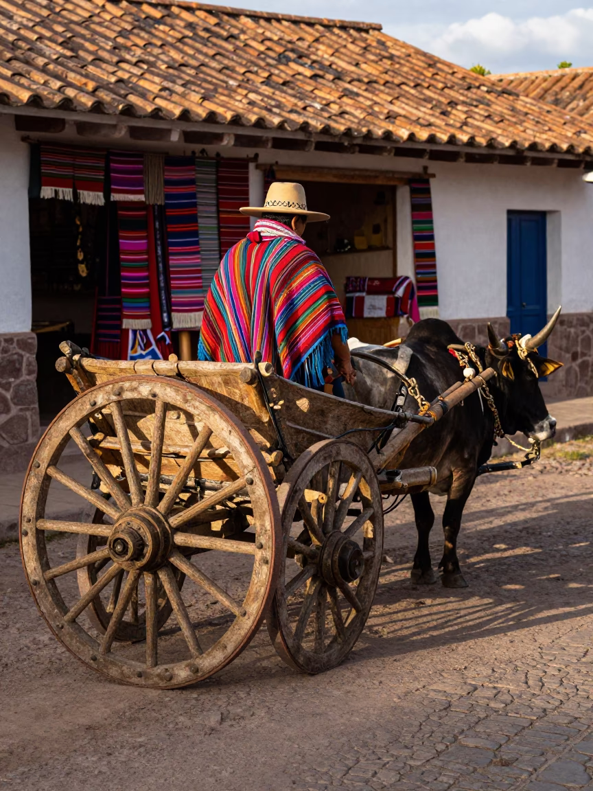 Ox Cart in Cusco at The Late Afternoon Light in in Cusco, Peru