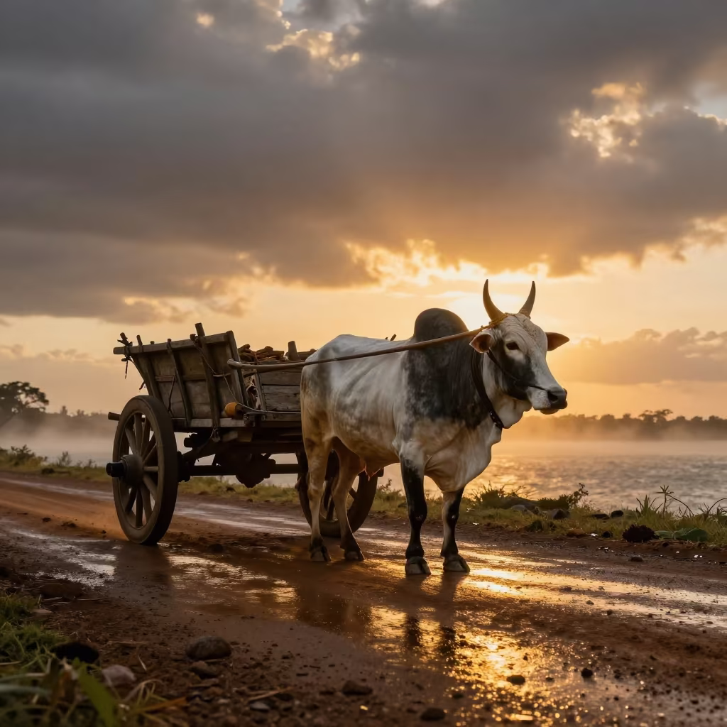 Ox Cart on Mauritius Causeway at Golden Hour in on a wind-open causeway in Mauritius