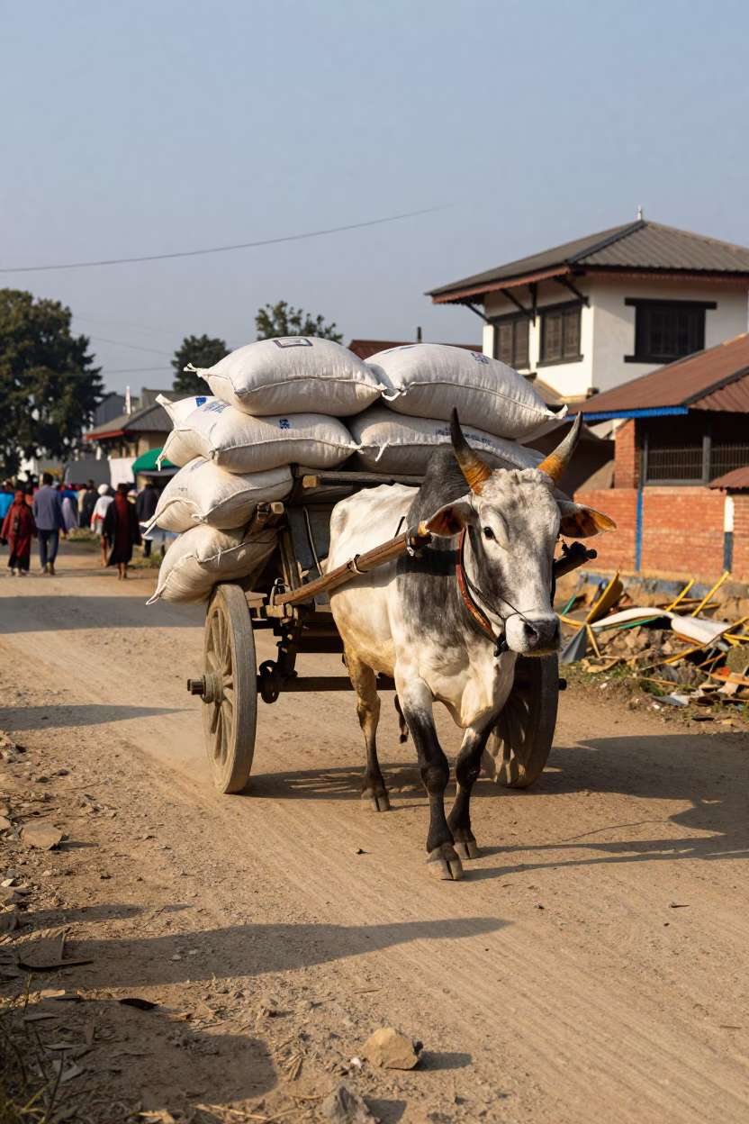 Ox Cart on Dusty Kathmandu Road in Clear Late Afternoon Light Nepal in in Kathmandu, Nepal