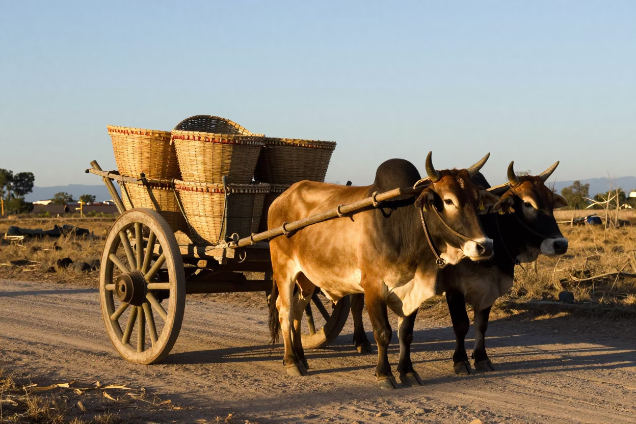 Ox Cart on Dusty Road in Oaxaca Mexico Late Afternoon Light in in Oaxaca, Mexico