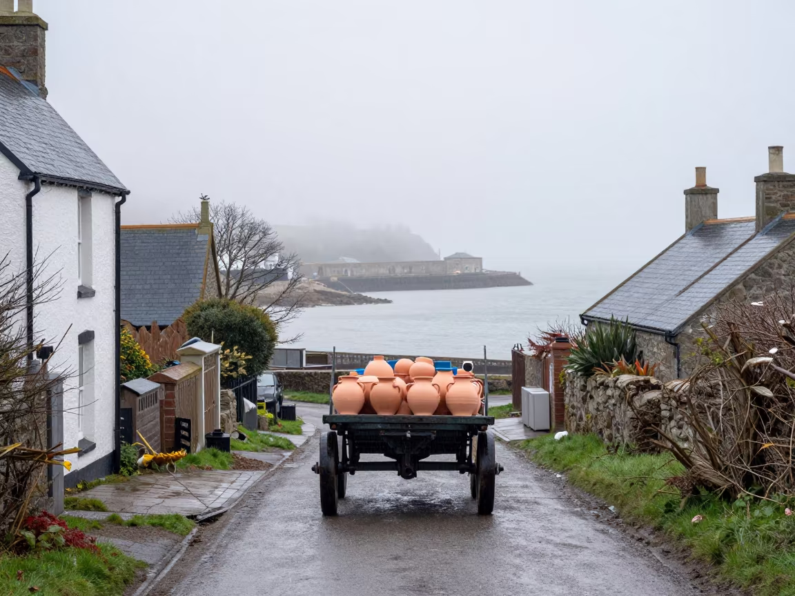 Ox Cart with Pottery on Foggy Harbor Road UK in beside a fogbound harbor mouth in United Kingdom