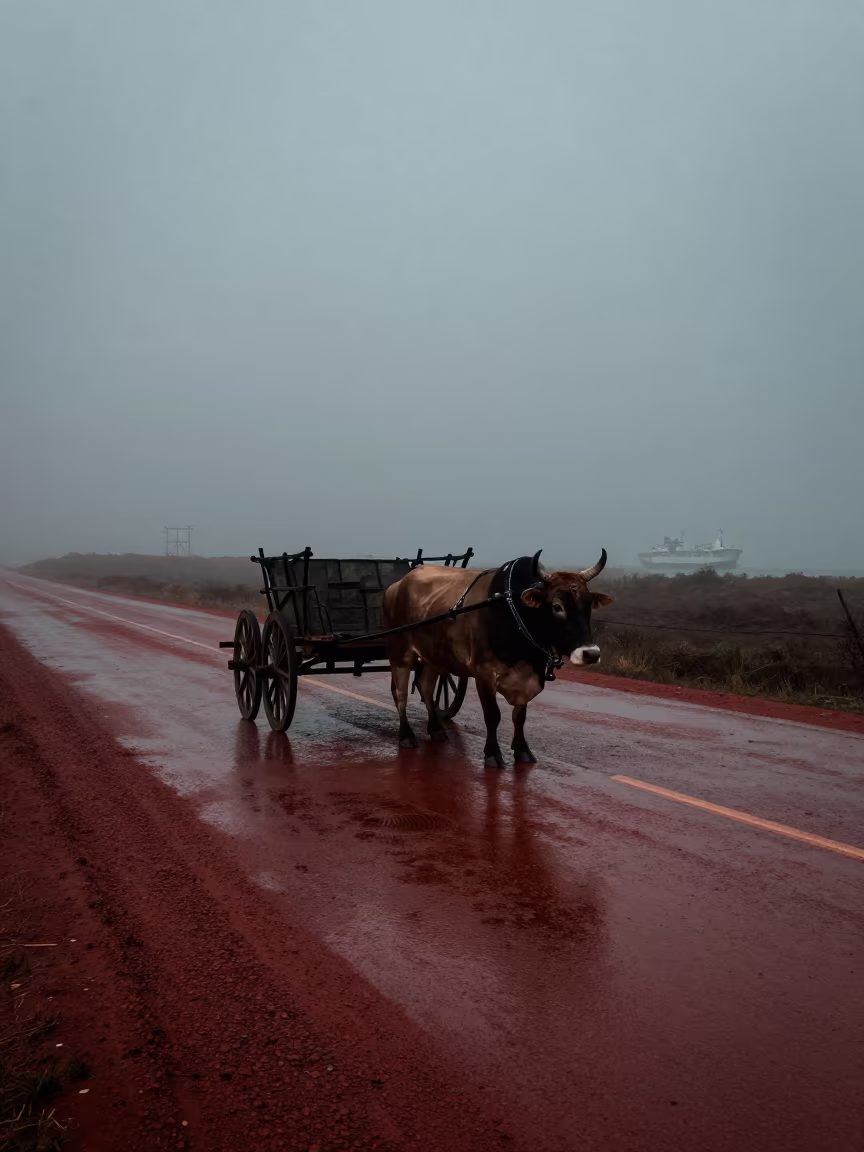 Ox Cart on Red Earth Ferry Road at Dawn in across a remote ferry crossing near Yogyakarta