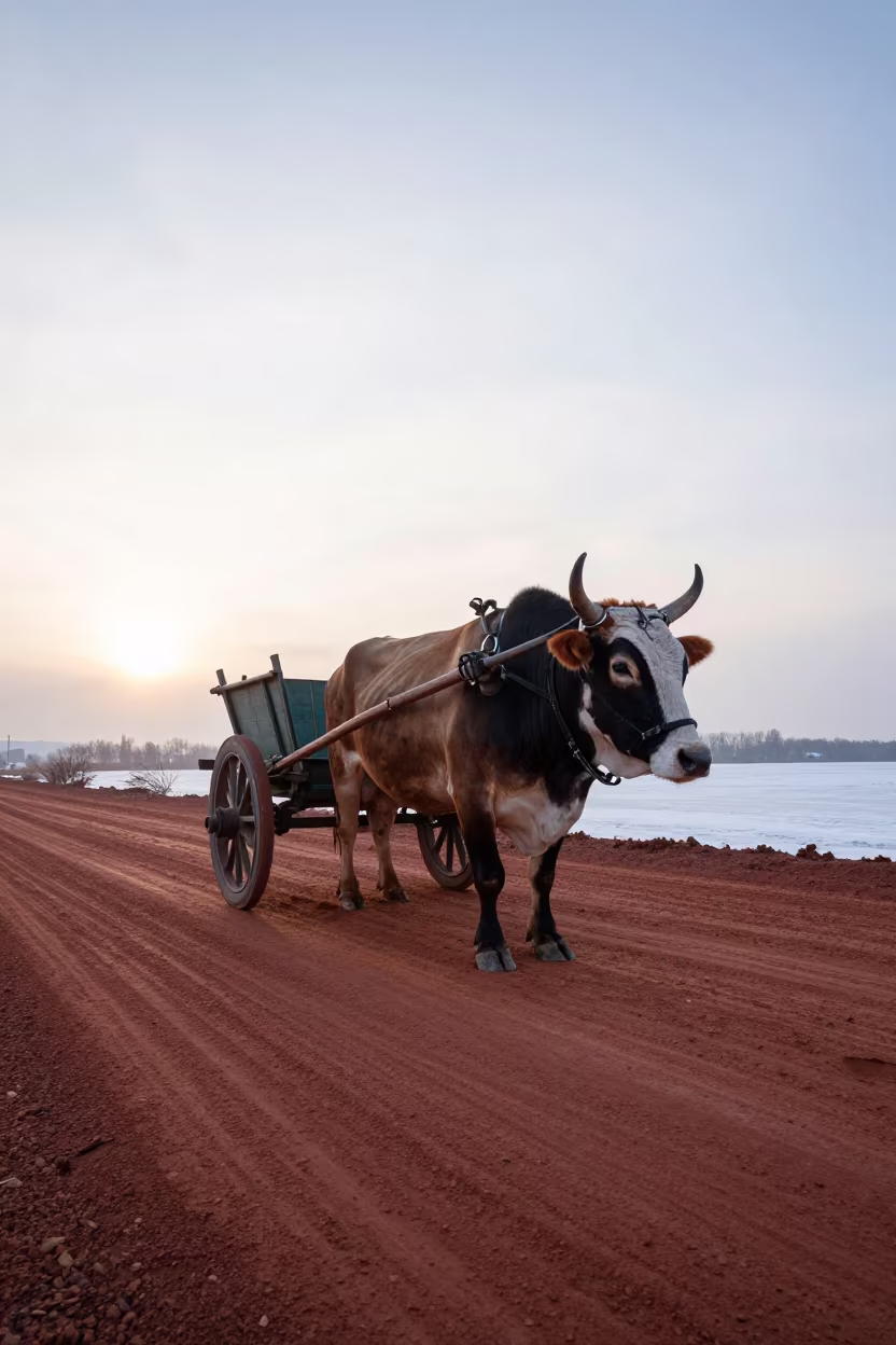Ox Cart on Red Earth Road at Dawn Near Sapporo in near Sapporo
