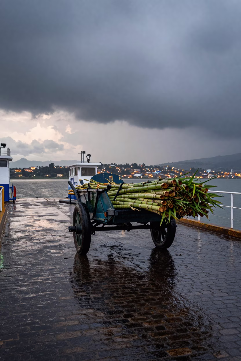 Ox Cart Sugar Cane Ferry Quito Evening in across a remote ferry crossing near Quito