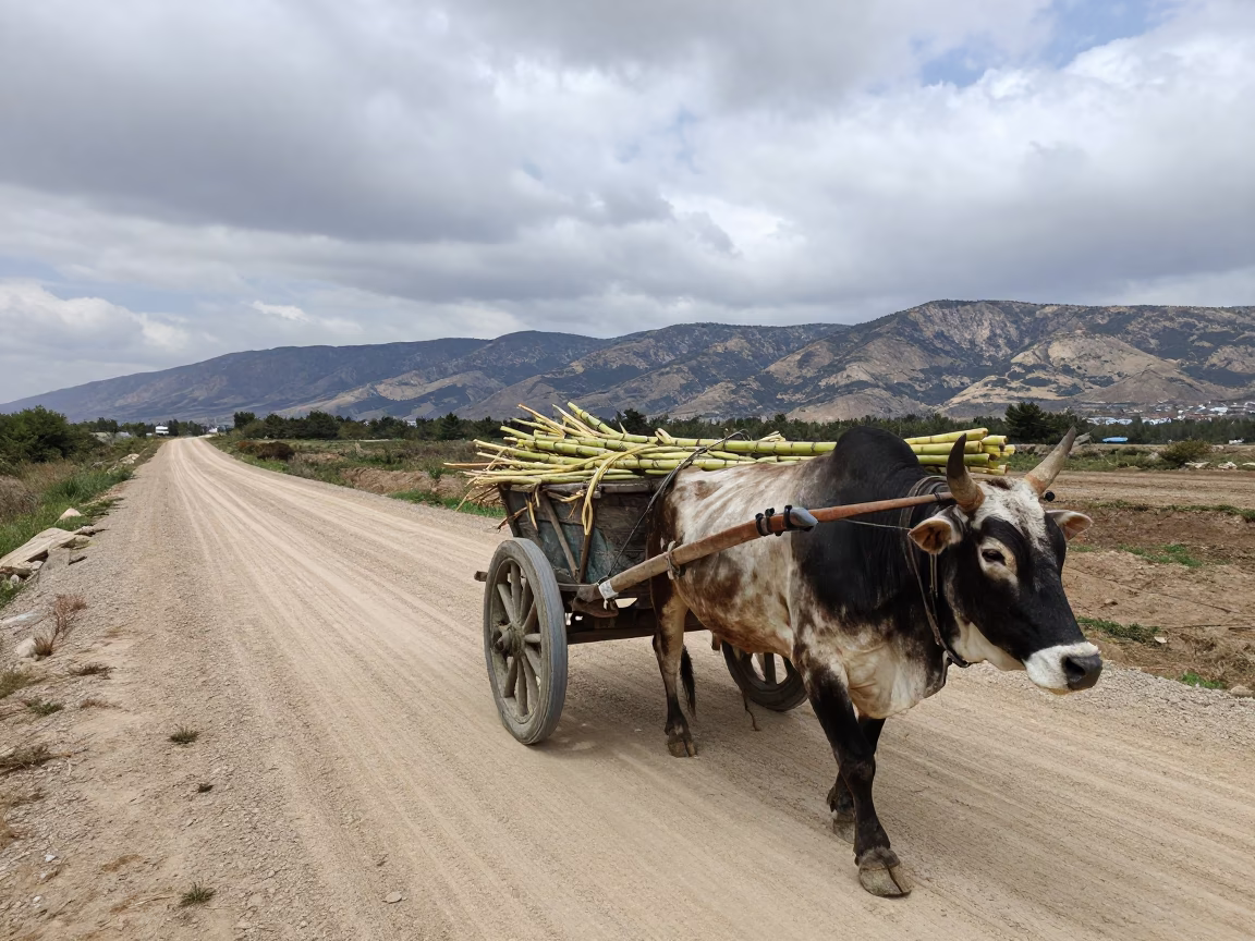 Ox Cart Sugar Cane Gölcük Causeway in on a wind-open causeway near Gölcük
