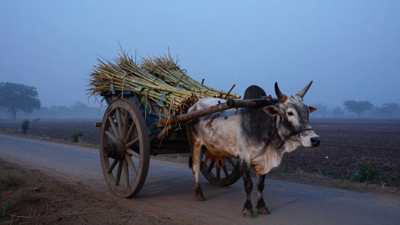 Ox Cart Sugar Cane Punjab Causeway Evening Fog in on a wind-open causeway in Punjab