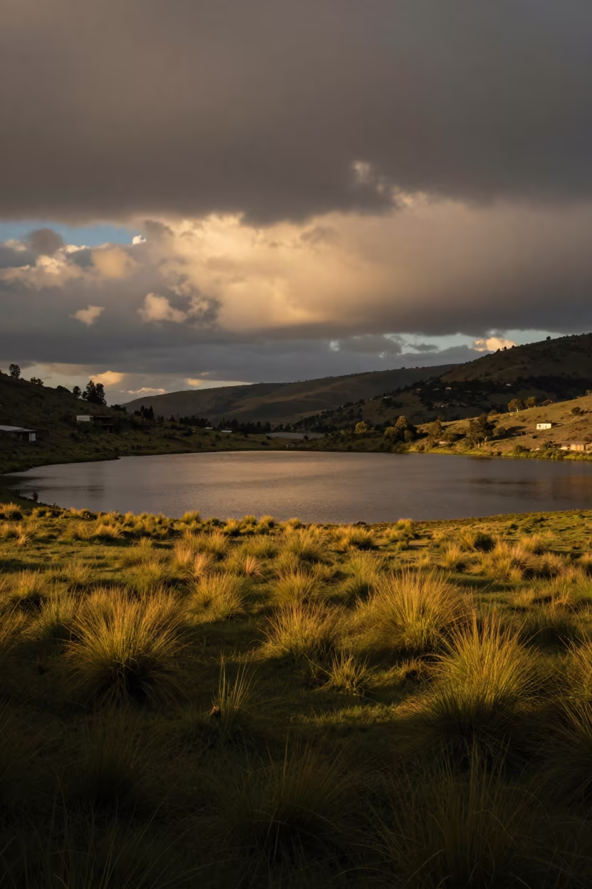 Oxbow Lake Golden Hour Green Valley in across a wide valley floor near La Mariscal, Quito