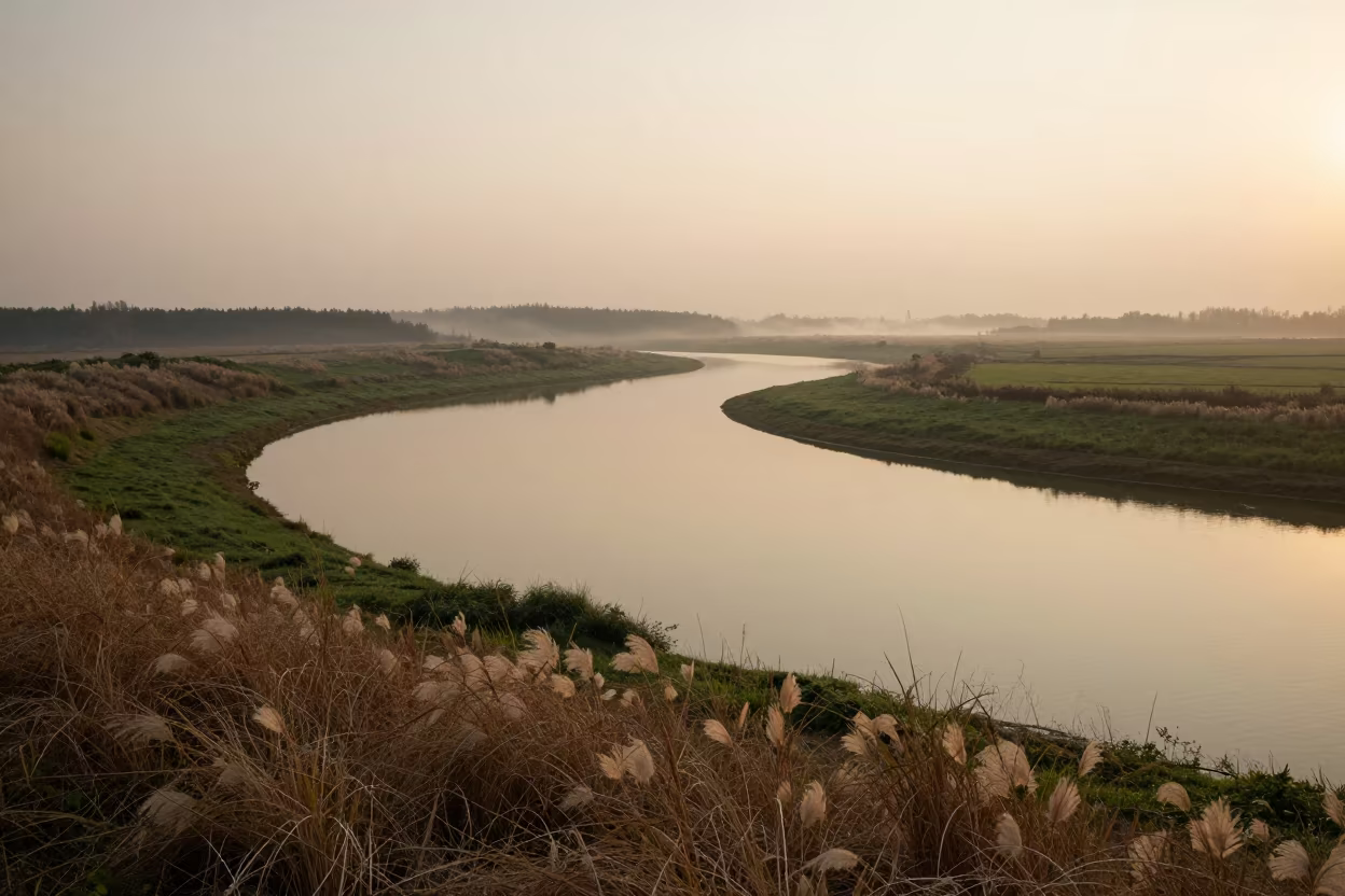Oxbow Lake Golden Hour Mist Wuhan Floodplain in near Wuhan