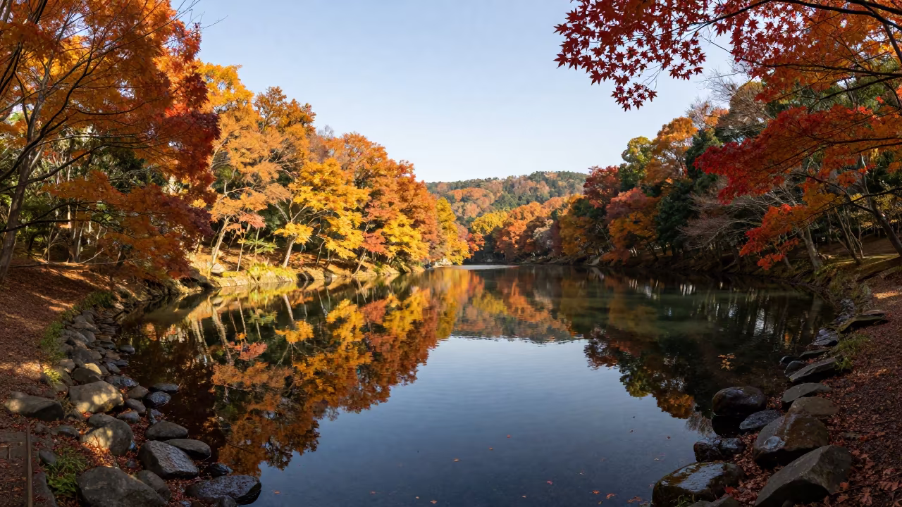 Oxbow Lake Reflecting Autumn Trees in Hiroshima Valley in across a wide valley floor near Hiroshima