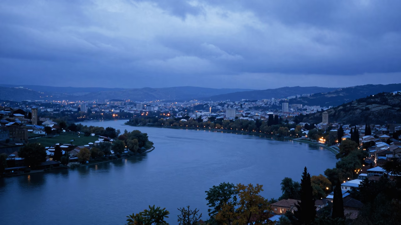 Oxbow Lake Twilight in Tbilisi Valley in across a wide valley floor near Old Town, Tbilisi