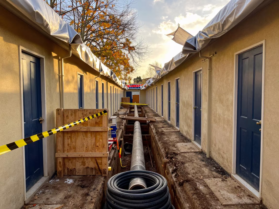 Oxford Construction Corridor of Identical Doors in along a scaffolded facade in Oxford