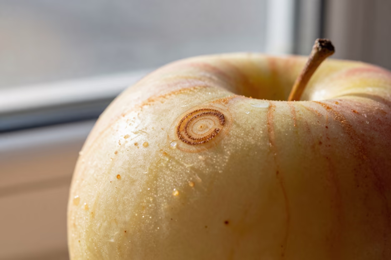 Oxidation Rings on Cut Apple Near Window in along a frost-edged windowpane near Dalian