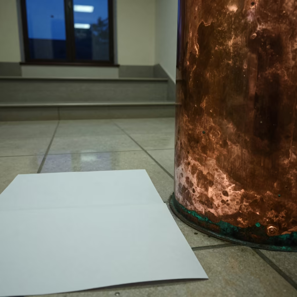 Oxidized Copper and Folded Paper in Pecs Stair Hall in inside a tiled stair hall near Pecs