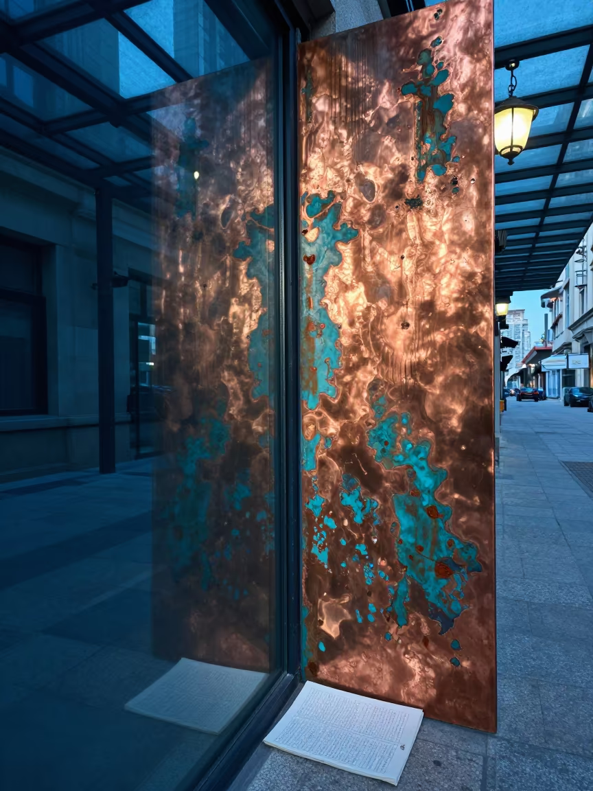 Oxidized Copper and Paper in Dalian Arcade in inside a glass-roofed arcade in Dalian