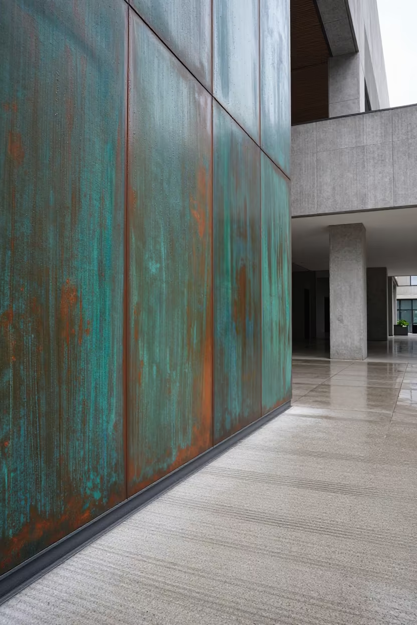 Oxidized Copper and Rain on Concrete Floor in inside a ribbed concrete lobby in San Marino