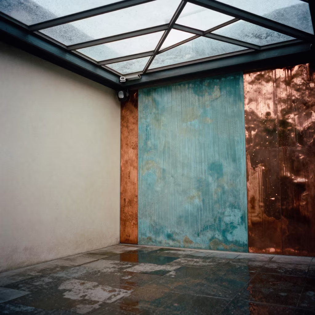 Oxidized Copper Rain Study in Santiago Arcade in inside a glass-roofed arcade in Santiago de los Caballeros