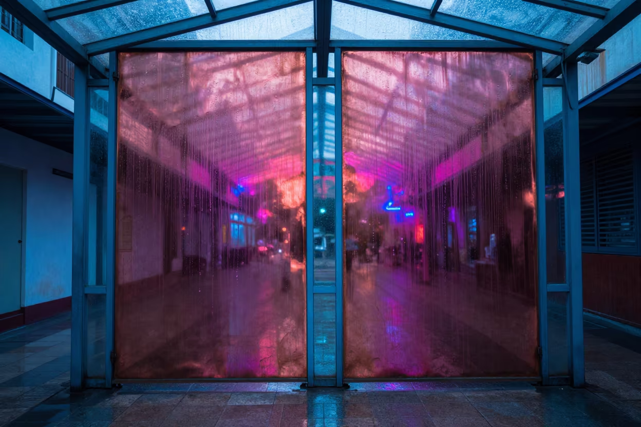 Oxidized Copper Rain Study in Neon Arcade in inside a glass-roofed arcade in Los Teques