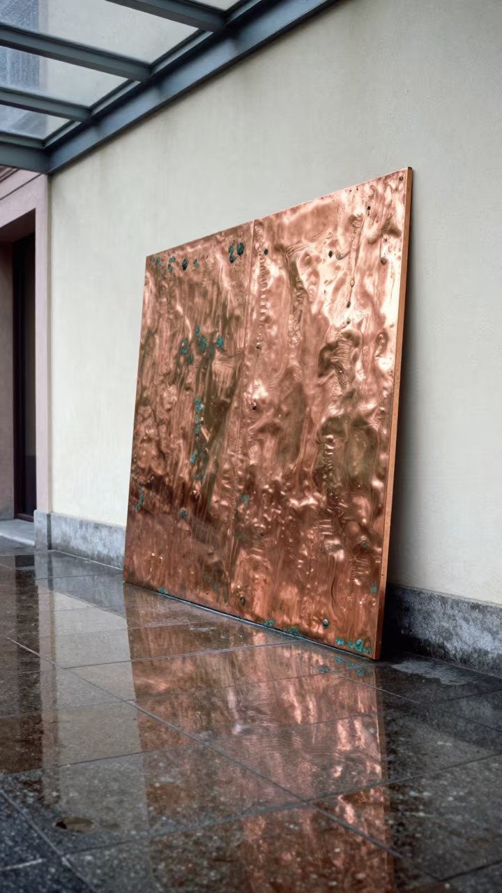 Oxidized Copper and Rainwater Reflections in Bologna Arcade in inside a glass-roofed arcade in Bologna