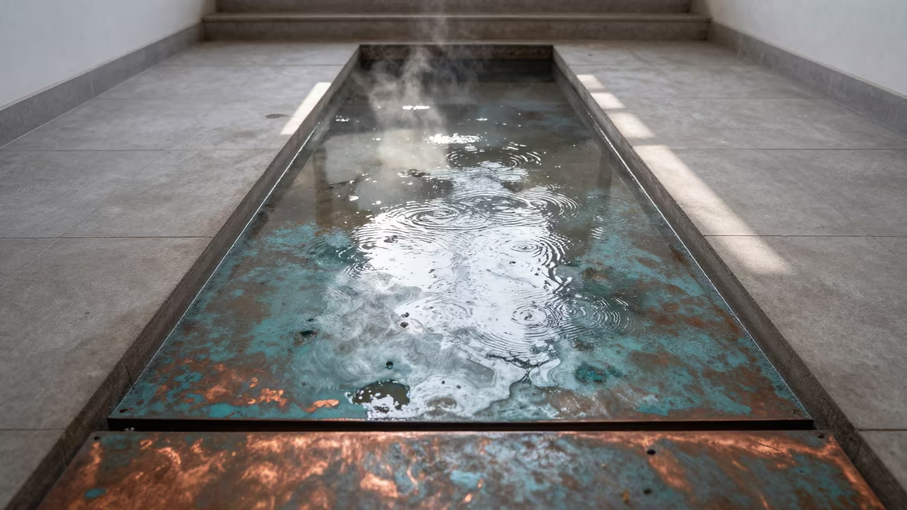 Oxidized Copper and Rainwater in Tete Stair Hall in inside a tiled stair hall in Tete