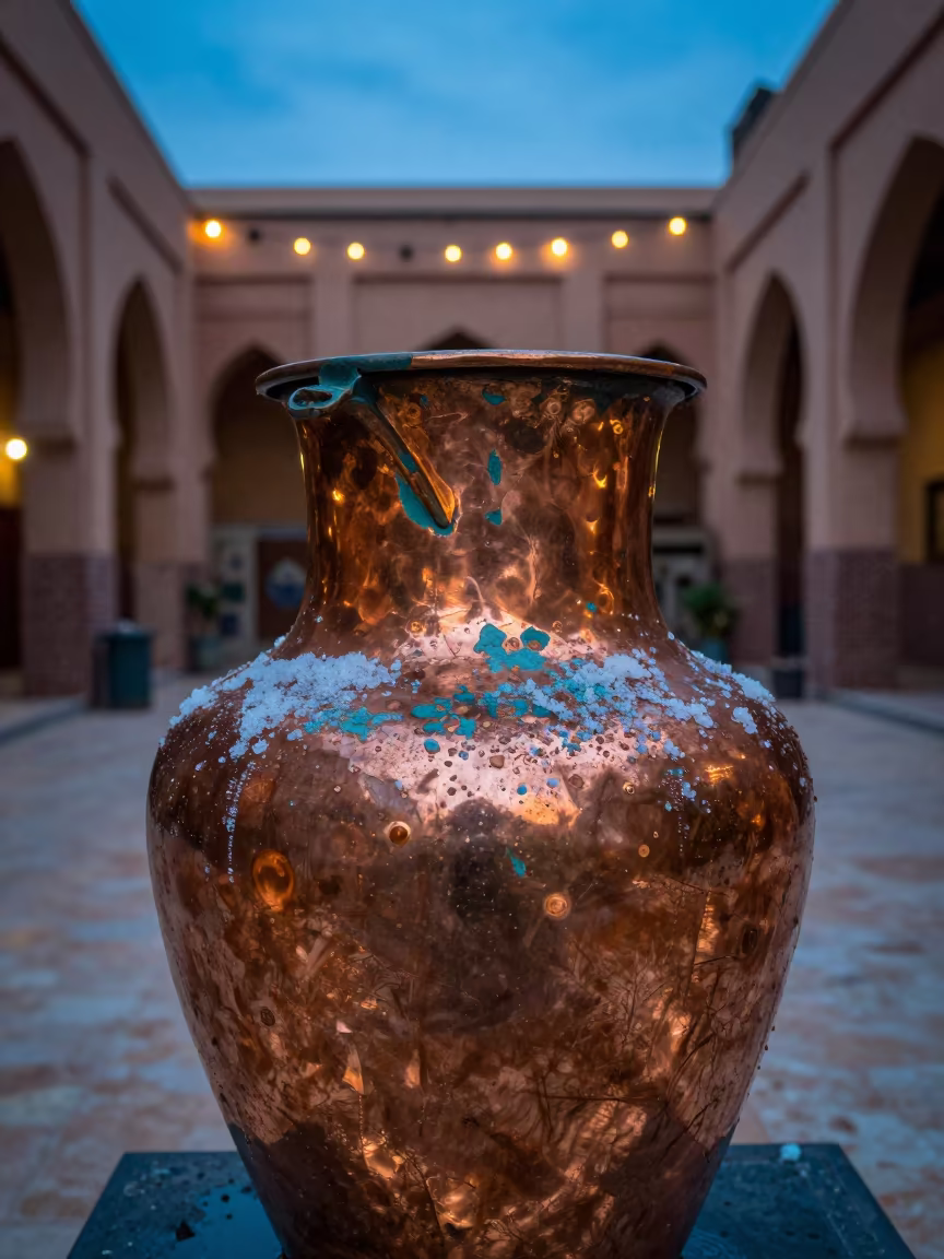 Oxidized Copper Salt Rainwater Atrium Study in inside a vaulted atrium in Gueliz, Marrakech