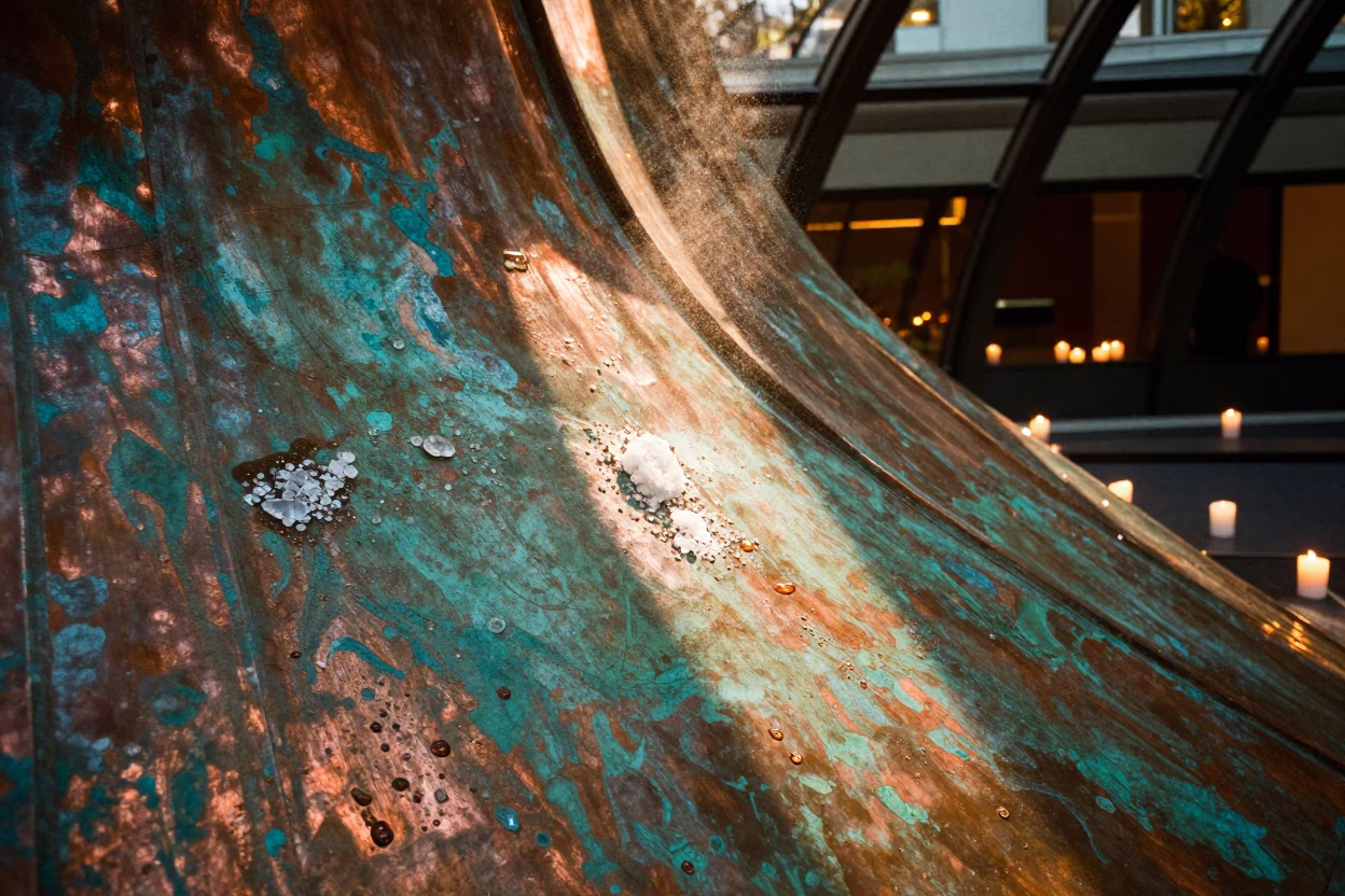 Oxidized Copper Salt Rainwater Atrium Sunset in inside a vaulted atrium in Richmond, Melbourne
