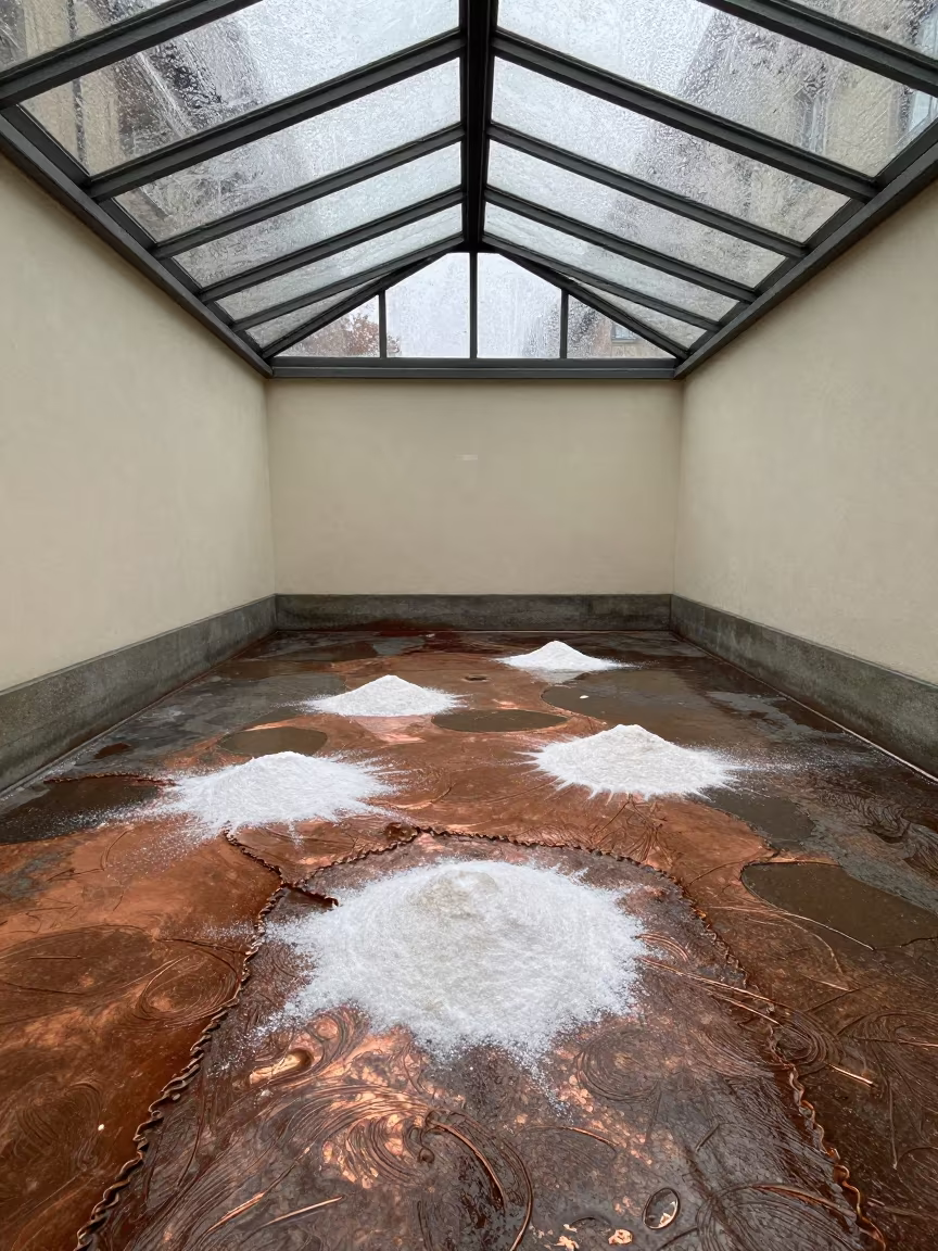 Oxidized Copper Salt Rainwater Study Zurich in inside a glass-roofed arcade in Zurich