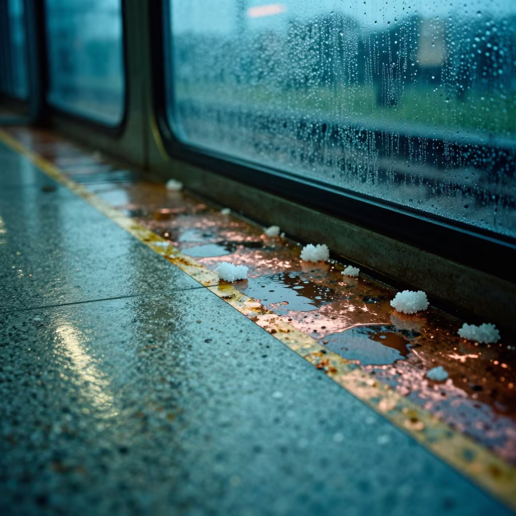Oxidized Copper Salt Rainwater Sullana Terminal in inside a restored train terminal in Sullana