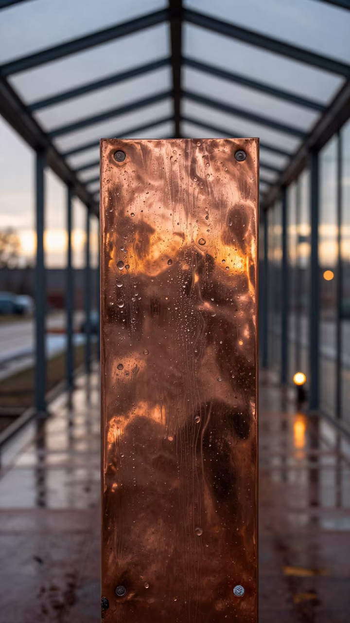 Oxidized Copper Salt Rainwater Sunset Arcade in inside a glass-roofed arcade in Carrollton