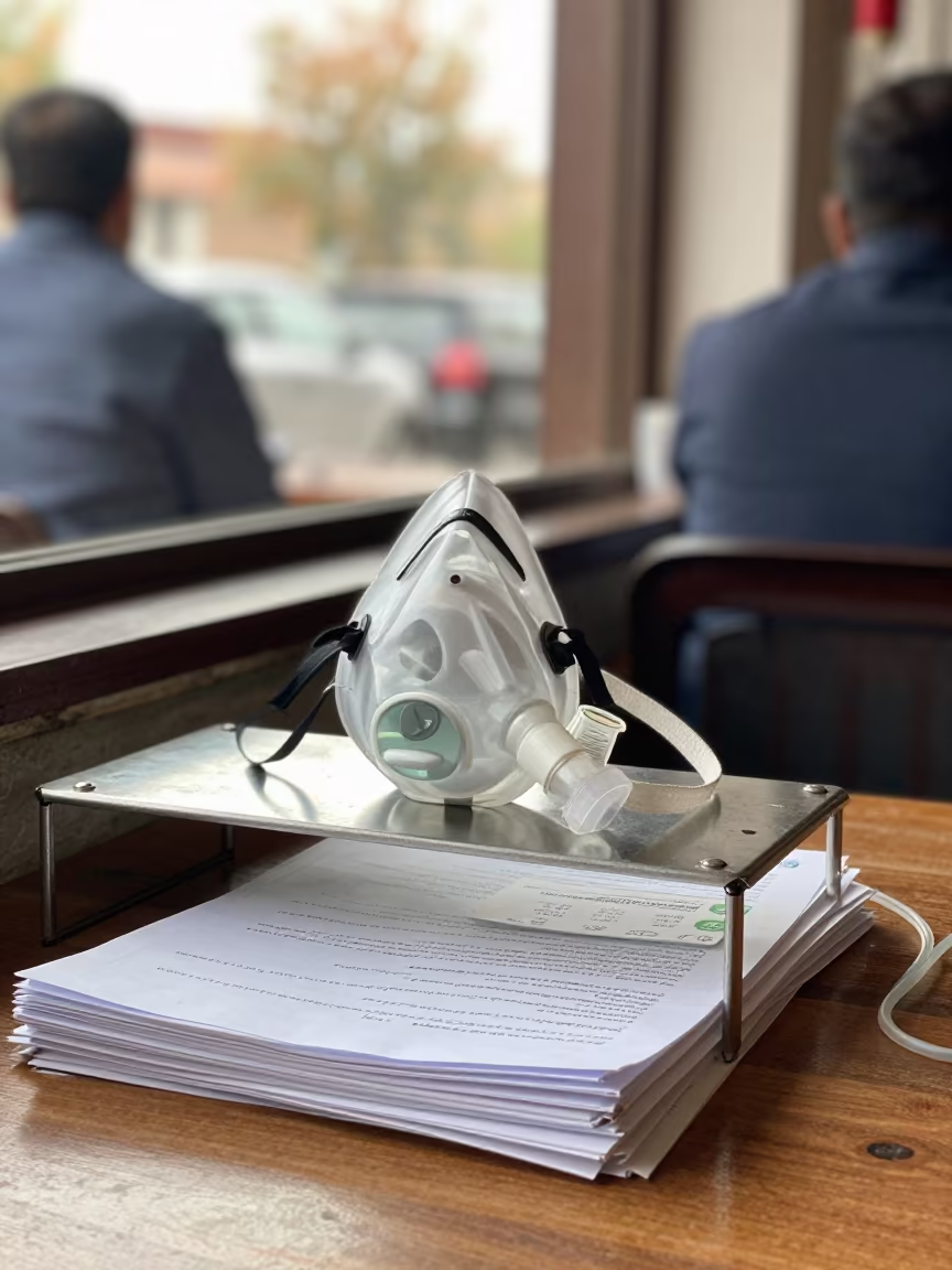 Oxygen Mask Shelf on Cafe Table in on a cafe table by a window near Muzaffargarh