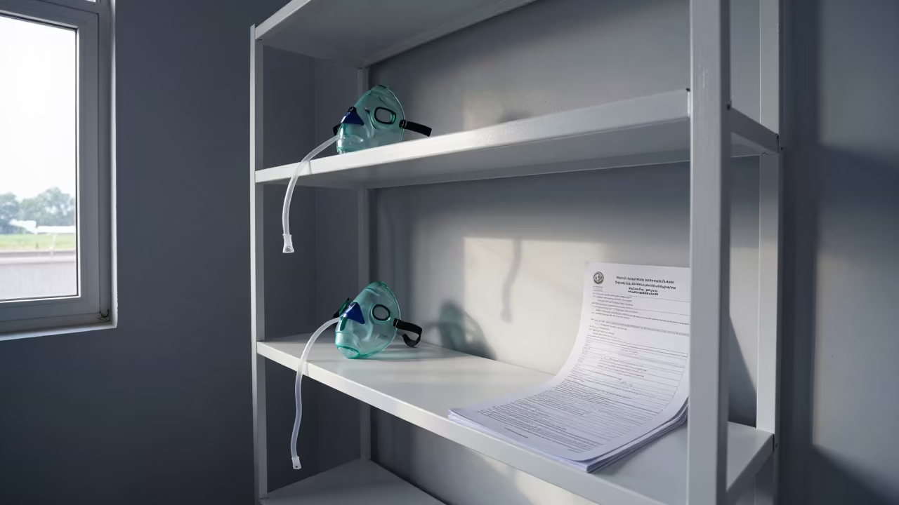 Oxygen Mask Shelf in Tabora Pier Afternoon Light in on a pier railing in Tabora