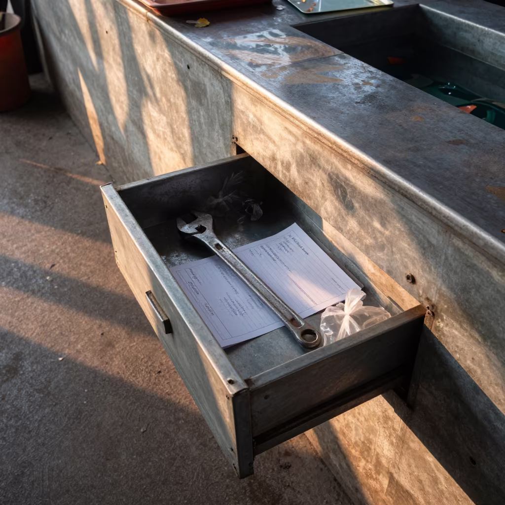Oxygen Wrench Drawer Before Morning Fish Boarding in inside a fish bagging counter zone in Old Dhaka, Dhaka