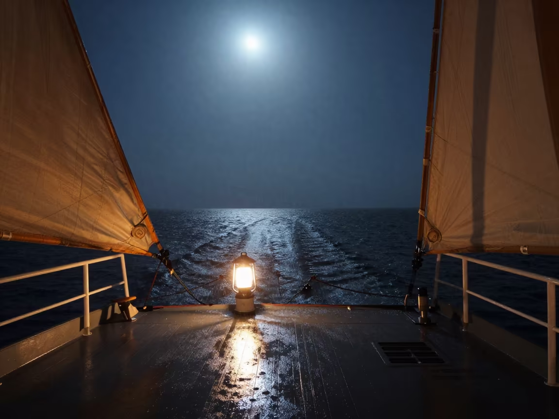 Oyster Dredger Sails Winter Night Ferry Crossing in across a remote ferry crossing near Riffa