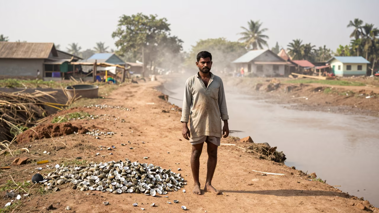 Oyster Farmer in Kanpur Lane at Low Tide in in a village lane near Kanpur