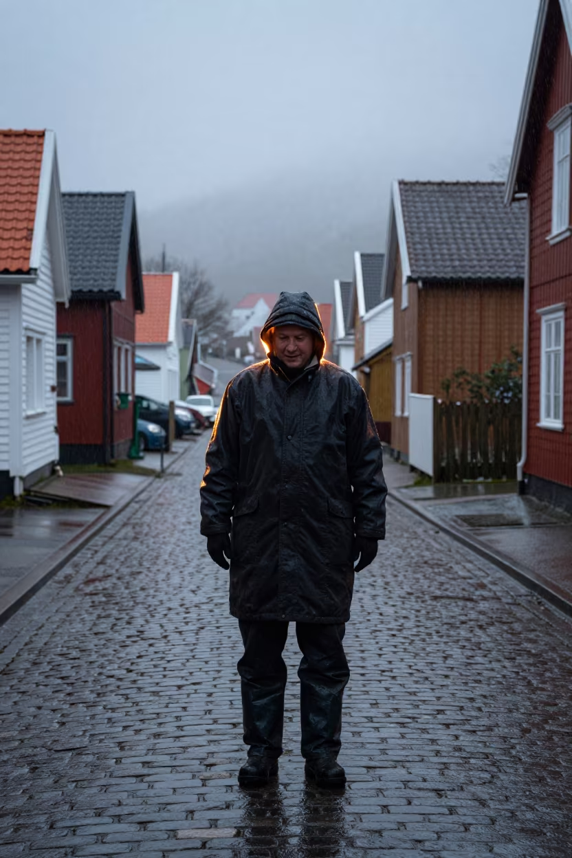 Oyster Farmer in Winter Dawn Shadow in in a village lane near Floyen, Bergen