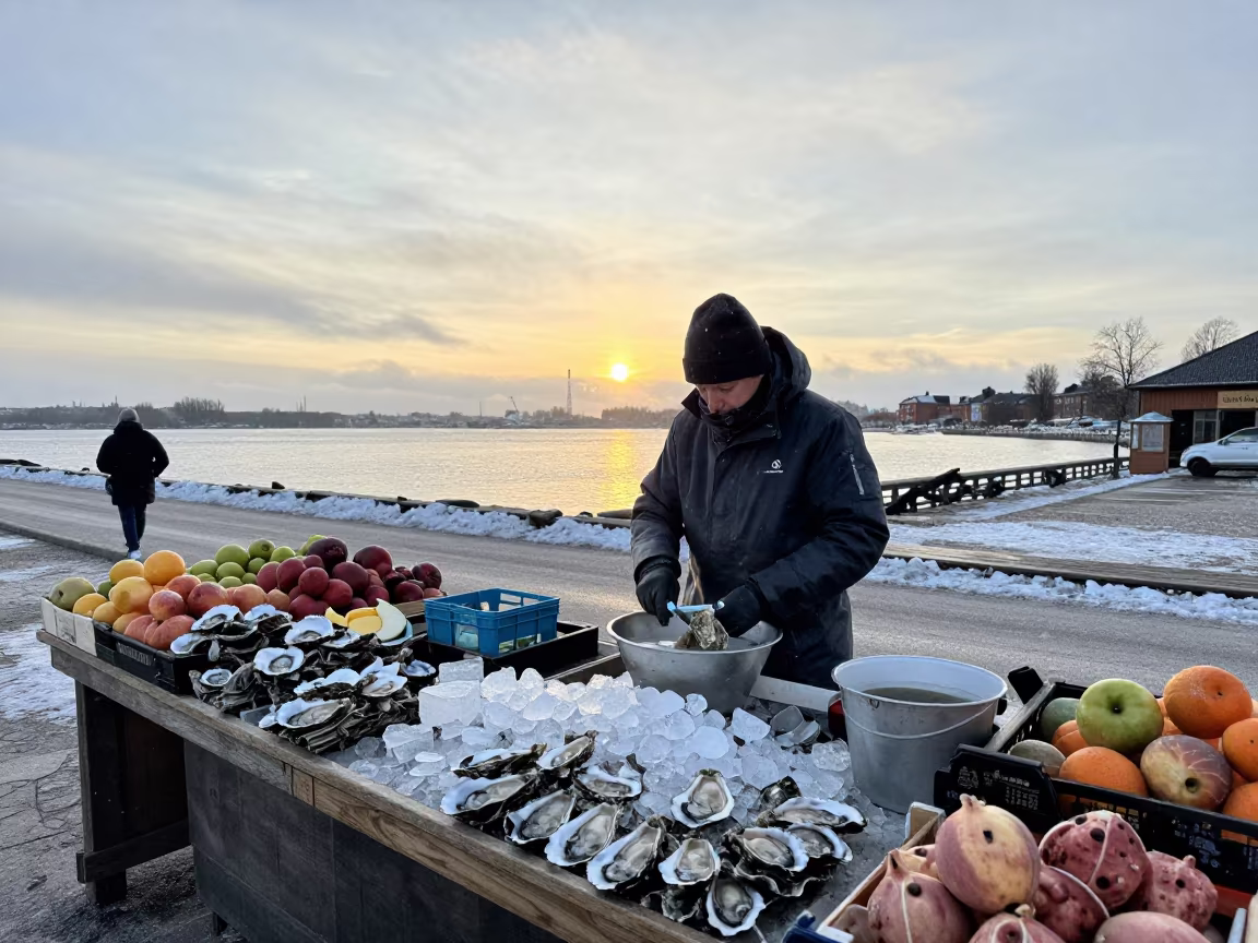Oyster Monger Weighing Fresh Catch at Dawn in at a roadside fruit stand in Kungsholmen, Stockholm