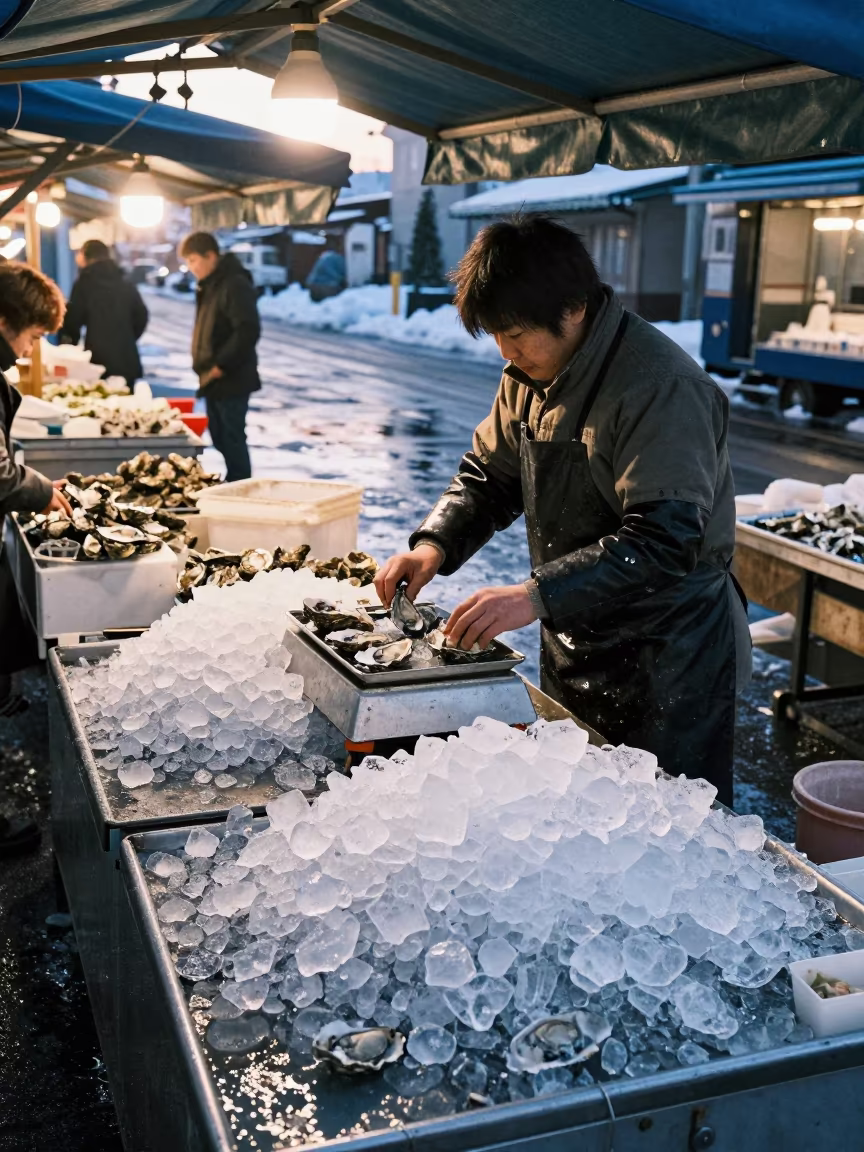 Oyster Monger Weighing Shellfish at Dawn in under a market canopy in Sapporo