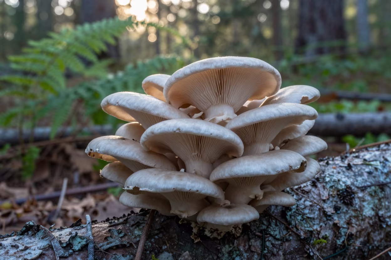 Oyster Mushrooms on Log in Romanian Forest in on a fern-lined forest floor in Romania