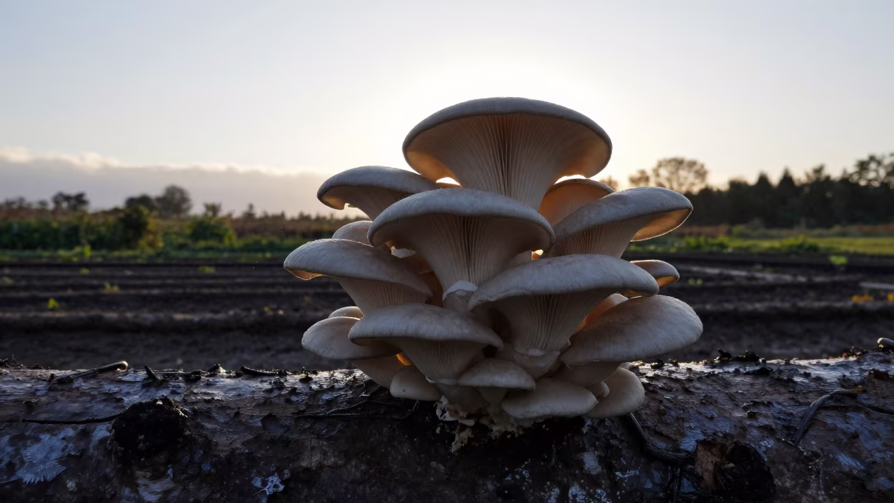 Oyster Mushrooms Silhouetted Against Late Afternoon Light in among terraced garden plots near The Hague