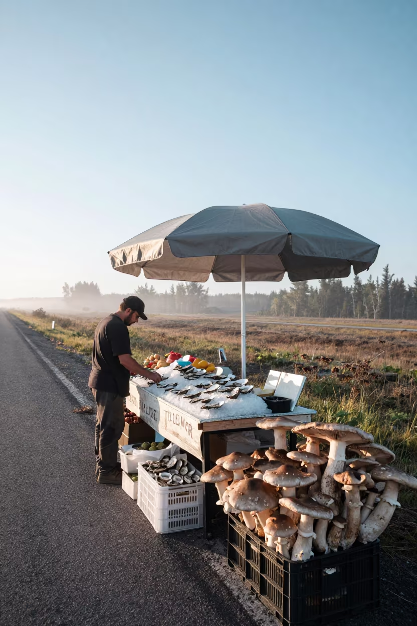 Oyster Vendor at Dawn Amid Giant Mushrooms in at a roadside fruit stand in Yellowknife